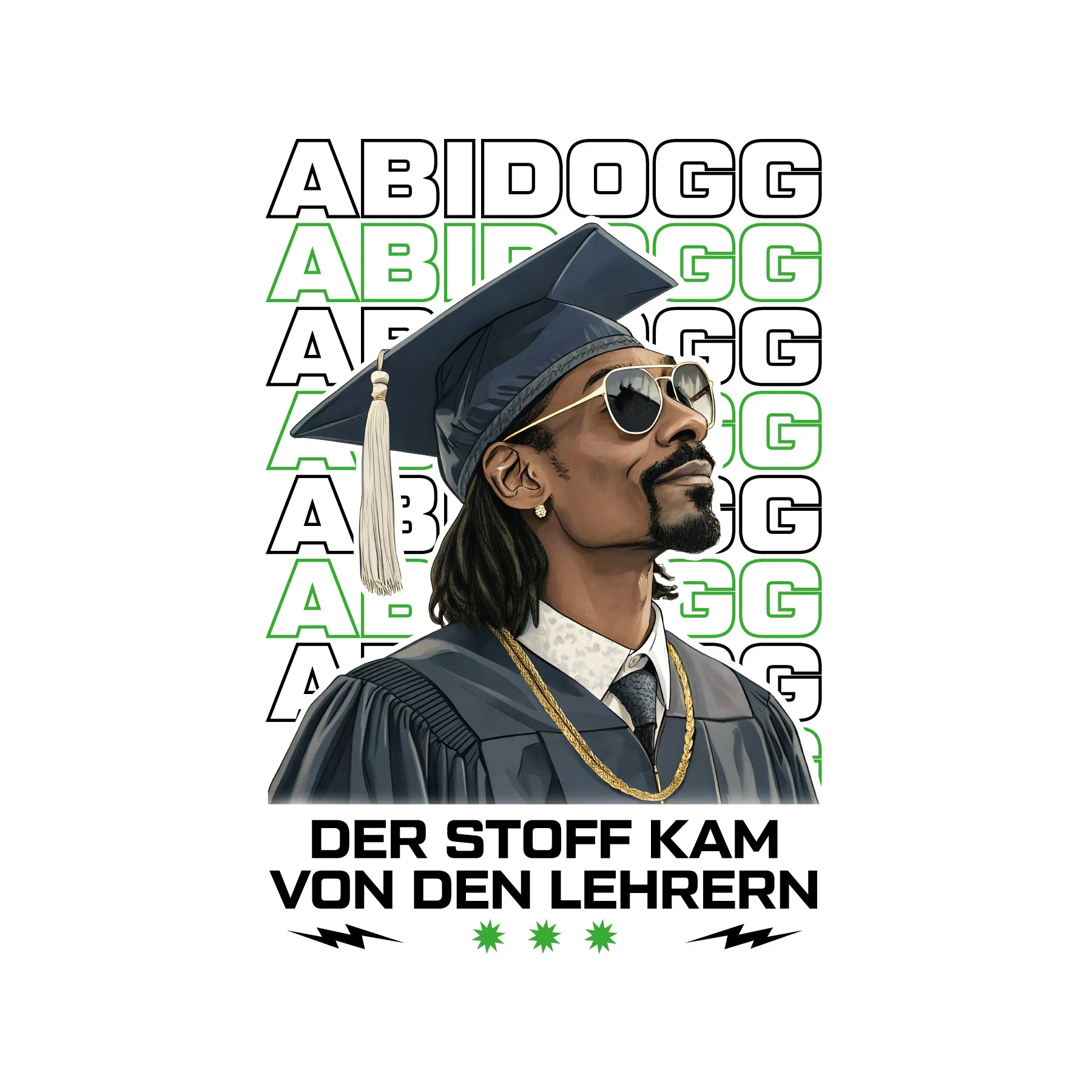 Portrait eines Mannes mit Sonnenbrille und Abschlussmuetze vor wiederholtem ABIDOGG Schriftzug und Text DER STOFF KAM VON DEN LEHRERN