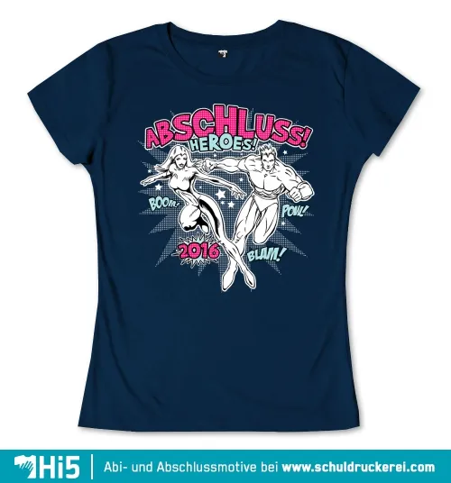 Illustration einer männlichen und weiblichen Superheldenfigur mit der Aufschrift "ABSCHLUSS! HEROES!" und "2016".