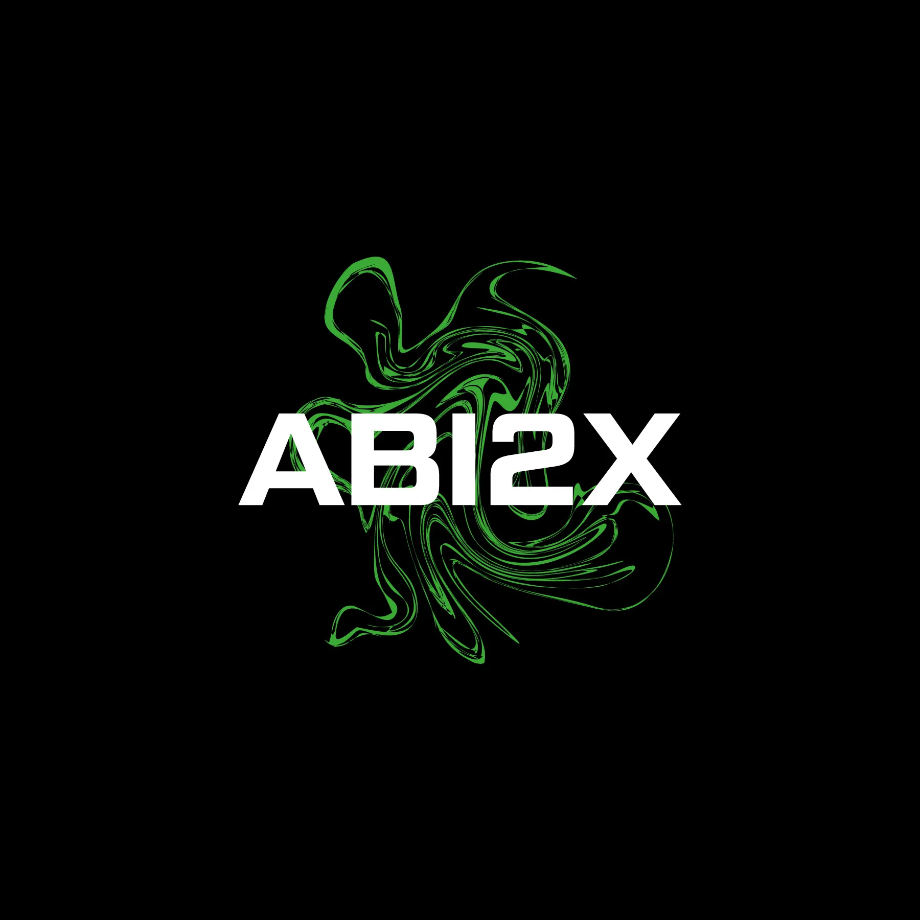 Weisser Schriftzug AB12X vor gruener fluessiger Wirbel auf schwarzem Hintergrund