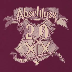 Schwarzes und weißes Grafikdesign mit der Aufschrift 'Abschluss 2020' und '10 Jahre durchgemuggelt'.