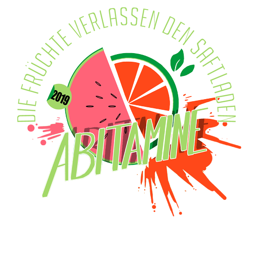 Grafik mit Text "Die Früchte verlassen den Saftladen - Abitamine 2019", umgeben von einer Wassermelone und Orange.