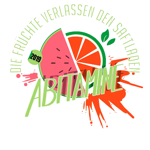 Grafik mit Text "Die Früchte verlassen den Saftladen - Abitamine 2019", umgeben von einer Wassermelone und Orange.