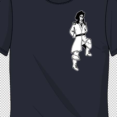 Ein schwarzes T-Shirt mit einem weißen Aufdruck eines stilisierten Mannes in Pose und Outfit im Retro-Stil.