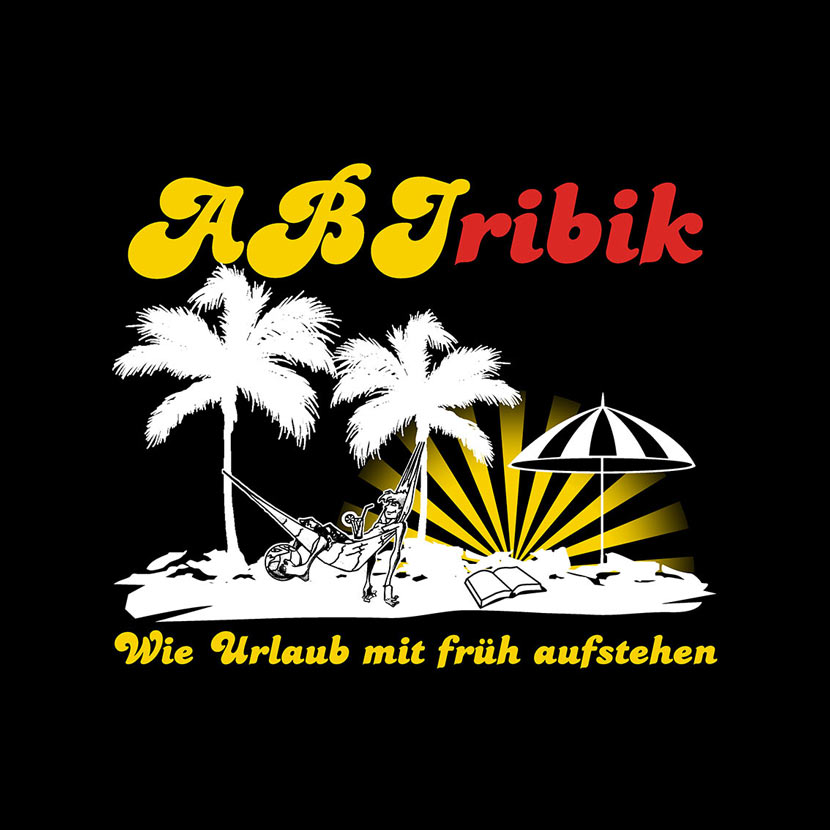 Illustration eines Urlaubs am Strand mit Palmen, einer Hängematte, einem Schirm und einem Buch.