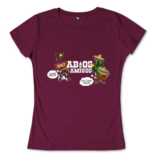 Illustration eines Kaktus und eines Vogels, beide mit Hüten, umgeben von Text "Abios Amigos" und Jahreszahlen.