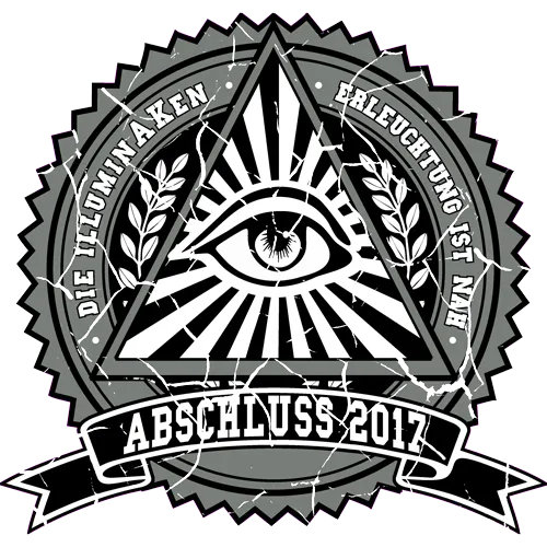 Das Emblem zeigt ein Auge im Dreieck, umgeben von Zweigen und Bannern mit Text "Die Illuminaken" und "Abschluss 2017".