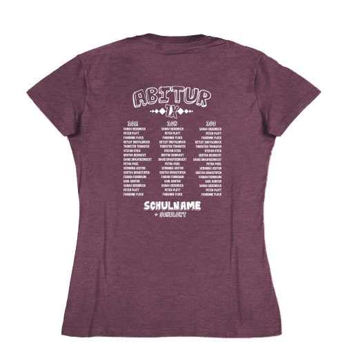 Schwarzes T-Shirt-Design mit dem Text "ABITUR 7X", Klassenzimmerbezeichnungen und Schulname.