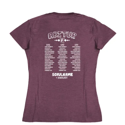 Schwarzes T-Shirt-Design mit dem Text "ABITUR 7X", Klassenzimmerbezeichnungen und Schulname.