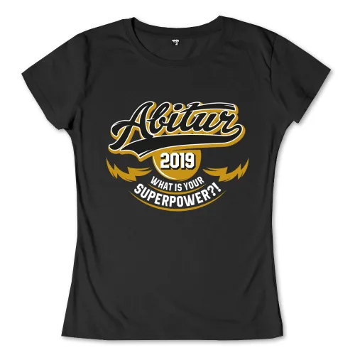 Design "Abitur 2019" mit einem goldenen Lorbeerkranz und dem Spruch "What is your superpower?" auf schwarzem Hintergrund.