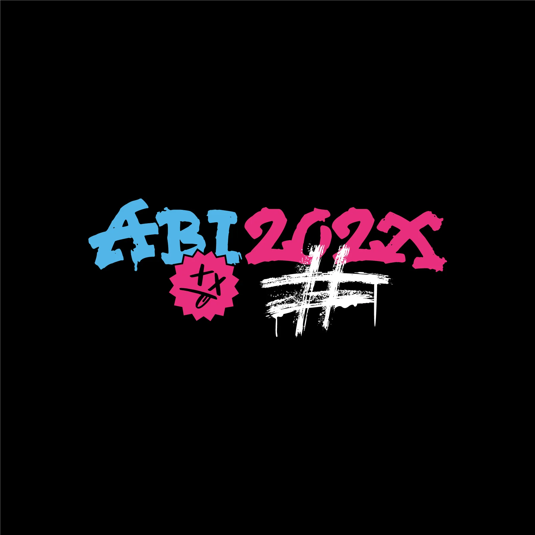 Schwarzer Hintergrund blaues Graffiti ABI rosa rundes Emblem mit Gesicht rosa Zahl 2025 weisser Hashtag aus Pinselstrichen