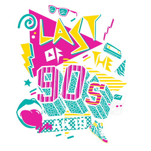 Grafik mit 'LAST OF THE 90s', Sonnenbrille, Kassette, Turnschuh und farbigen Formen.
