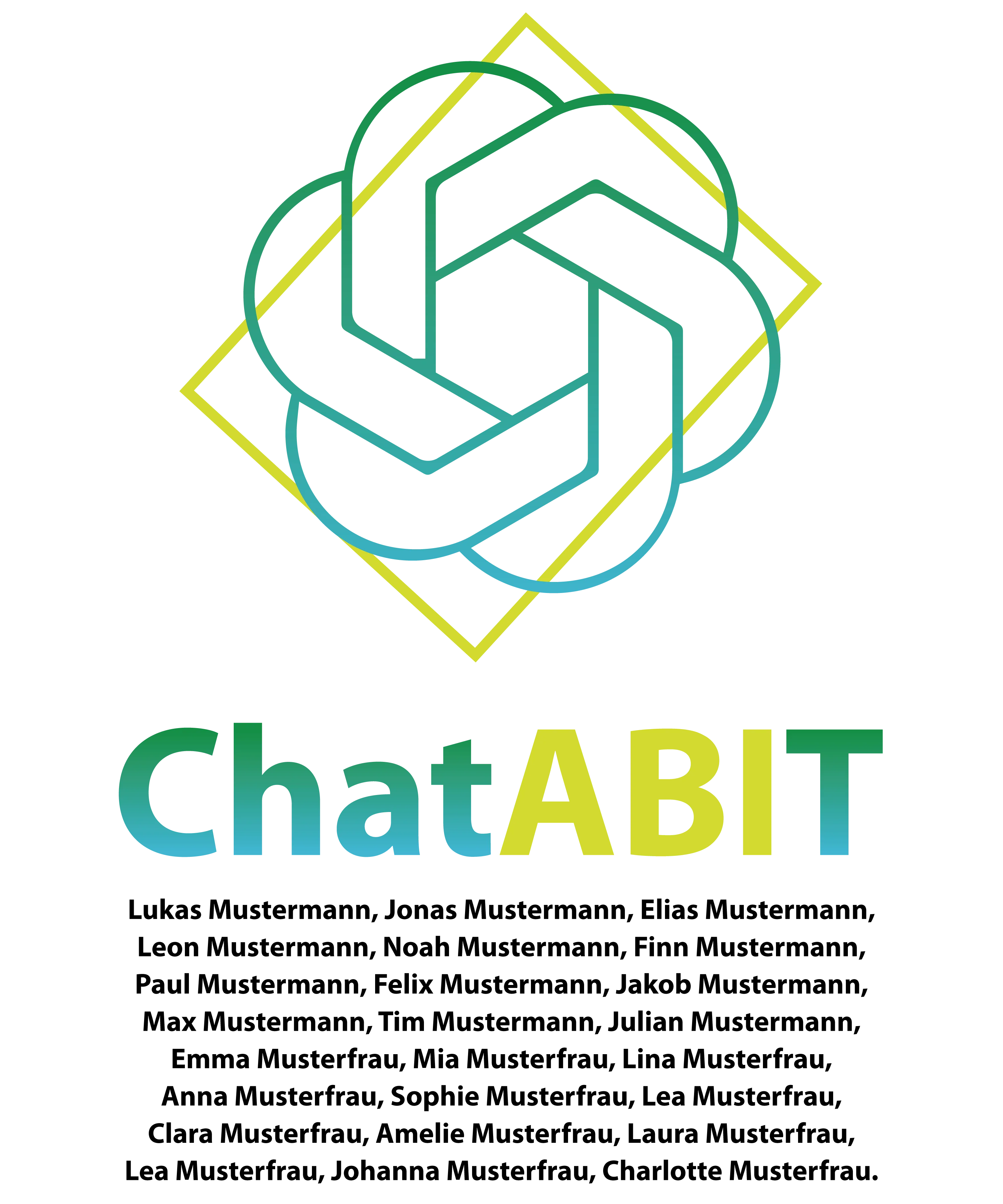 Logo mit verschlungenem sechseckigem Band in Gruen bis Blau vor geneigtem gelbgruenen Quadrat und Text ChatABIT in Gruen bis Gelb auf schwarzem Grund