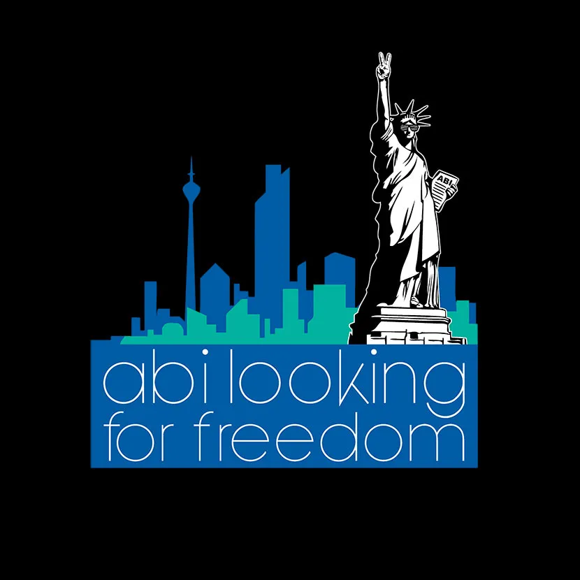 Grafische Darstellung der Freiheitsstatue neben einer Stadt-Silhouette mit dem Text "abilooking for freedom".