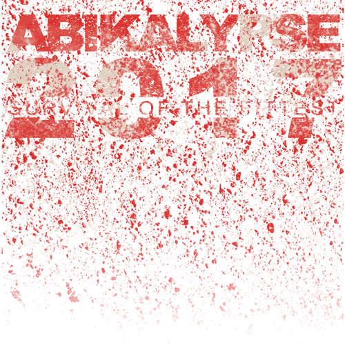 Rotes und schwarzes Bild mit dem Text "ABIKALYPSE 2024 SURVIVAL OF THE FITTEST" in weißer Farbe.