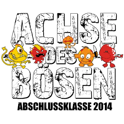 t-Shirt Design mit Text "Achse des Bösen, Abschlussklasse 2014" und Cartoon-Viren.