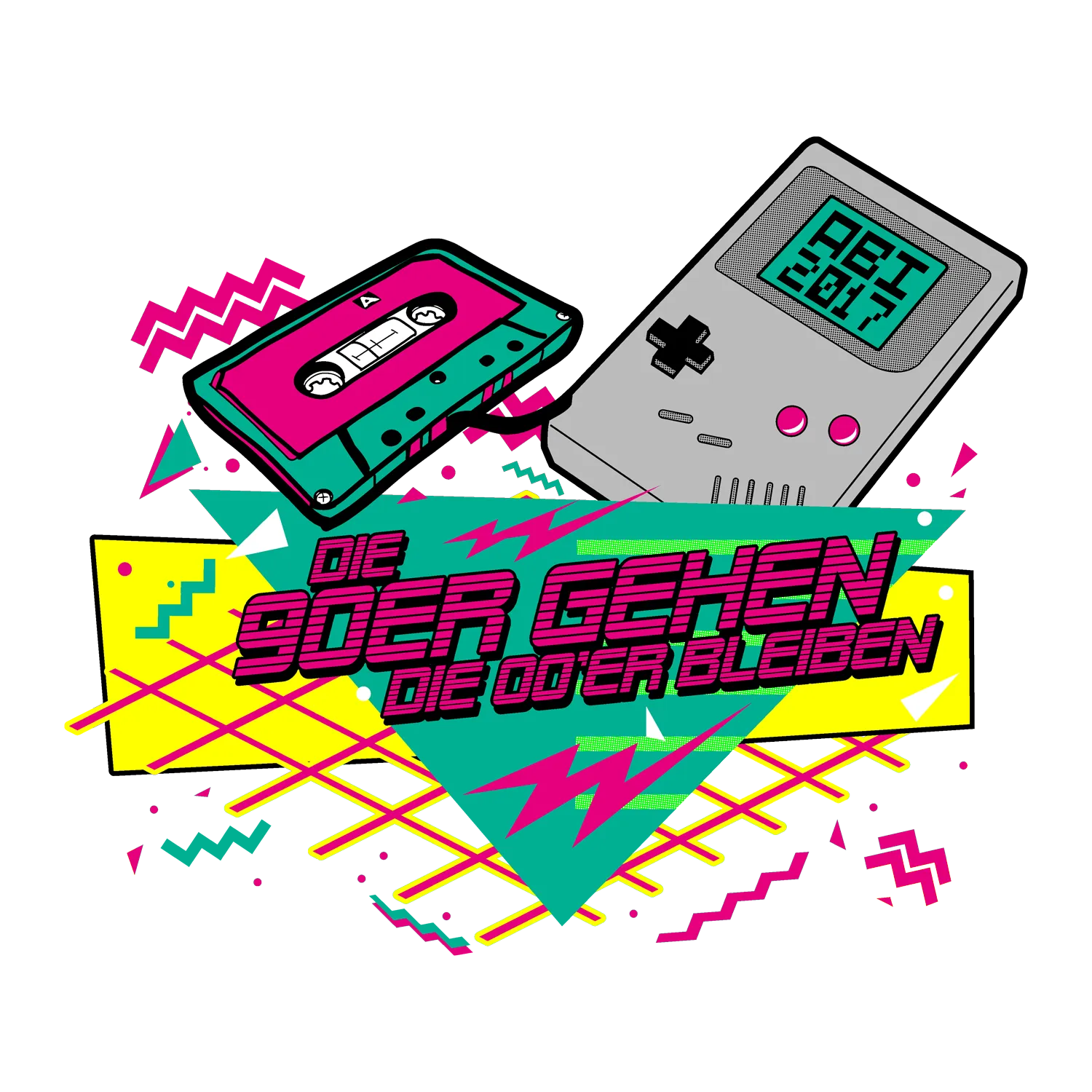 Grafik mit einem Kassettentape und einem Handheld-Spielgerät im 80er Stil, Text "Die 90er gehen die 80er bleiben".