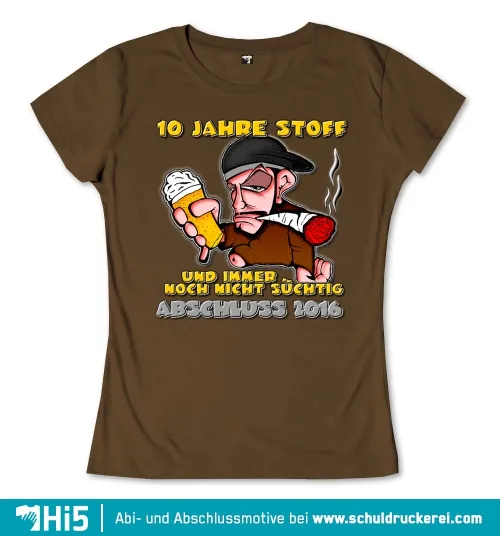 Zeichnung einer Figur mit Bierglas und Zigarette, Text "10 Jahre Stoff, Abschluss 2016".