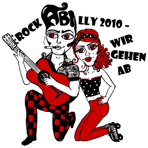 Illustration eines Rockabilly-Paares, Mann mit Gitarre und roten Karohosen, Frau kniend in rotem Kleid.