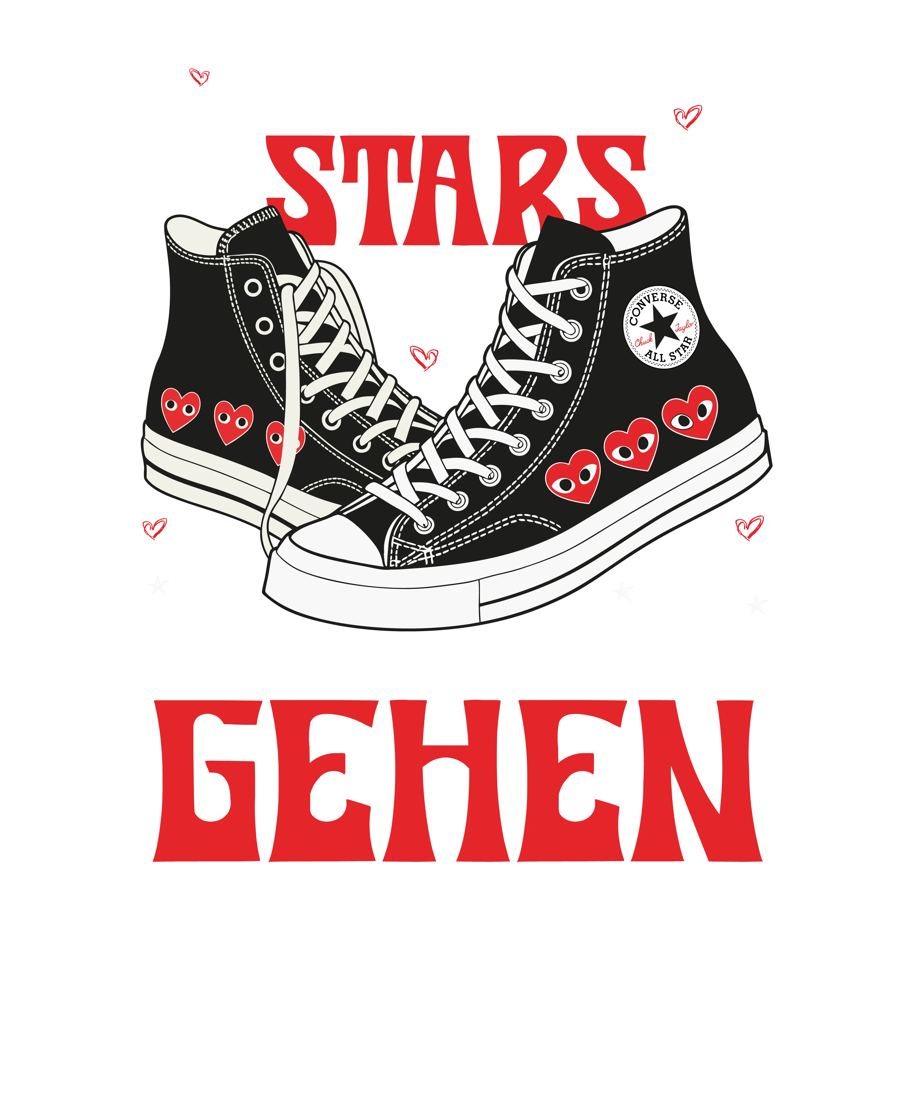 Zwei schwarze Turnschuhe mit weißen Schnürsenkeln und roten Herzmotiven umgeben von Sternen Herzen Blitz und Schrift Auch Stars müssen einmal gehen