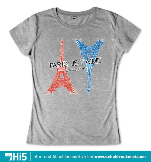Graues T-Shirt-Design mit rotem Eiffelturm und blauer Freiheitsstatue, Text "Paris, Je T'aime, Klassenfahrt".