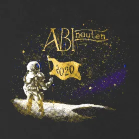 Astronaut in einem Raumanzug hält eine Fahne mit der Aufschrift "2020" auf einem klaren Sternenhimmel Hintergrund.