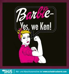Illustration einer Frau in rosa, ballt die Faust, mit Text 'Barbie - Yes, we Ken!'