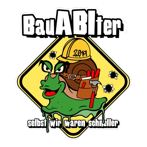 Logo mit einem grünen Monster, das einen Bauhelm trägt und eine Werkzeuggürtel hat, umgeben von Bienen.