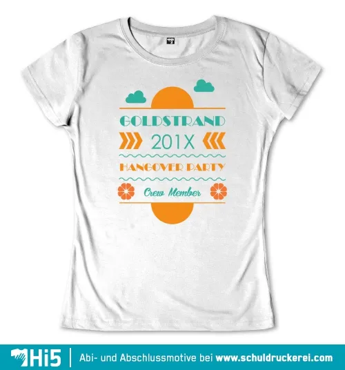 T-Shirt Design für eine 'Goldstrand 201X Hangover Party' mit Beschriftung und Symbolen in Orange und Türkis.