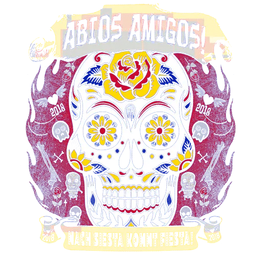 Illustration eines bunten Schädels mit floralen Mustern und dem Text "Adios Amigos".