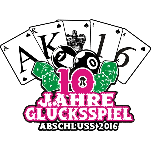 Design mit Spielkarten, Würfeln und Text "10 Jahre Glücksspiel, Abschluss 2016".
