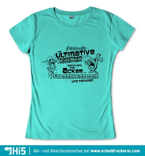 Comichafte Zeichnung mit Text "ULTImative CHAOSTEAM macht sich vom ACKER... ABSCHLUSS 2016 und TSCHÜSS!" und zwei Figuren.
