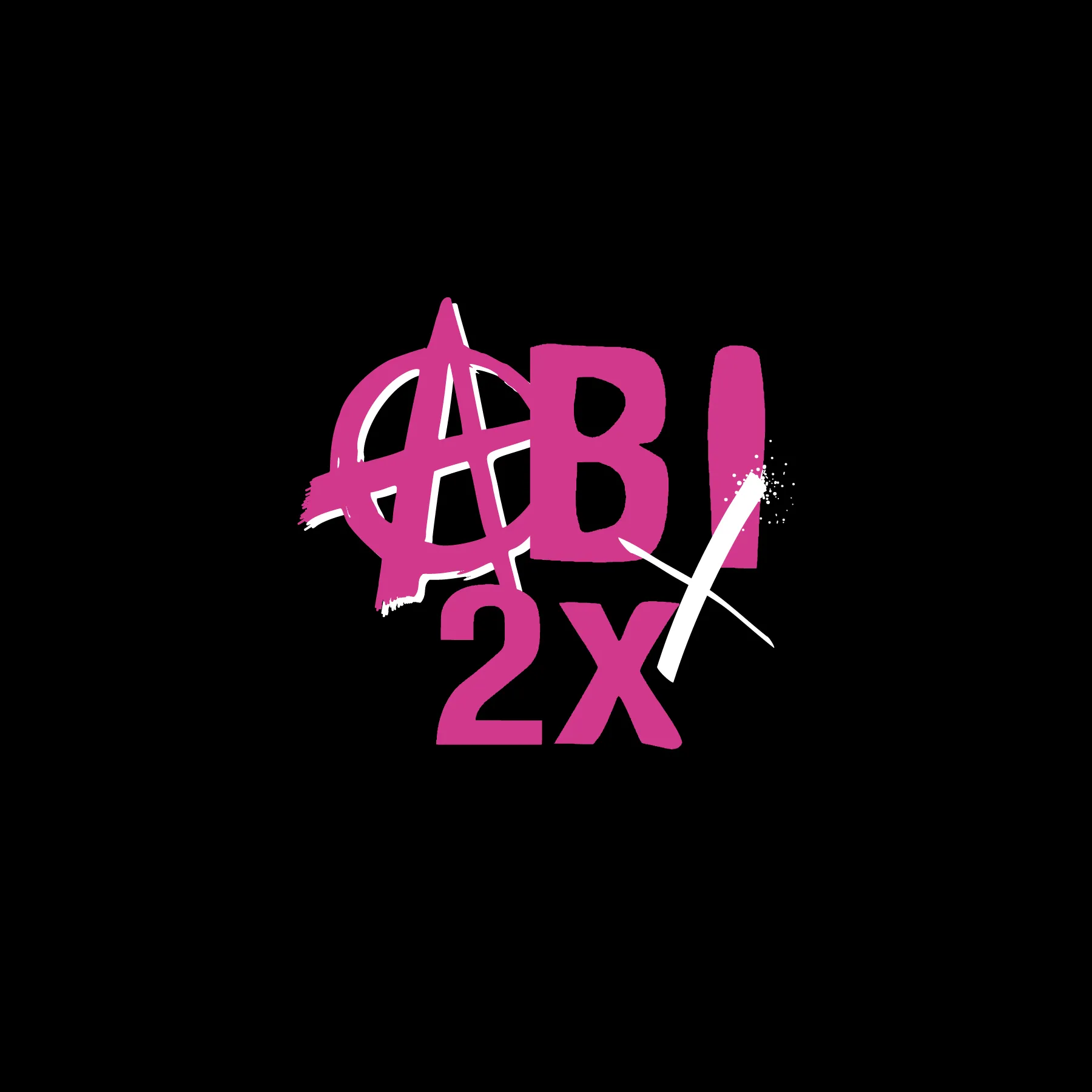 Schwarzer Hintergrund mit pinken Grossbuchstaben A B I 2X und diagonalen weissen Pinselstrichen mit Farbspritzern