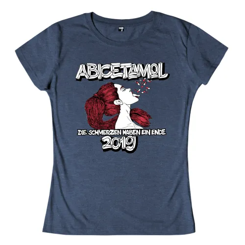 Frauenprofil mit roten Pillen aus dem Mund, Text "ABICETAMOL Die Schmerzen haben ein Ende 2019".