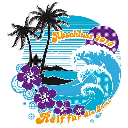Illustration eines T-Shirts mit Palmen, Wellen und Blumen, Text "Abschluss 2013" und "Reif für die Insel".