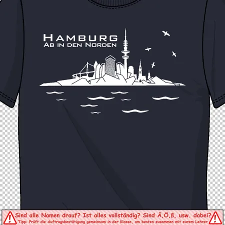 Graues T-Shirt mit Silhouette von Hamburg und Schriftzug "Hamburg Ab in den Norden".