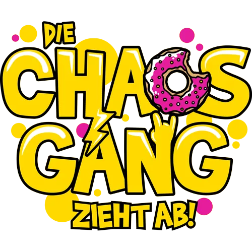 Graues T-Shirt mit "Die Chaos Gang zieht ab!" Text, einem Donut und einem Blitzsymbol.