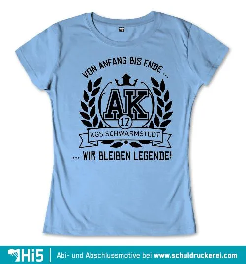 Logo mit Text "Von Anfang bis Ende" und "Wir bleiben Legende!", Initialen "AK" und Nummer 17, Lorbeerkranz und Banner "KGS Schwarmstedt".