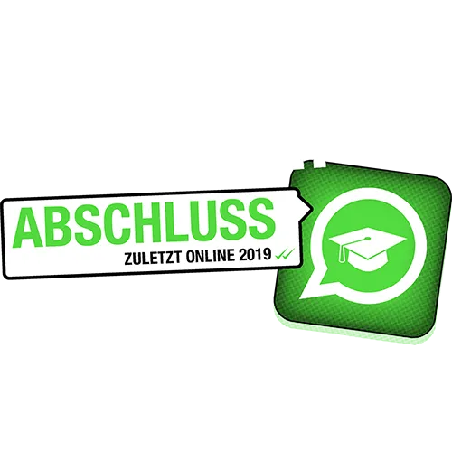 Quadratisches Bild mit einem WhatsApp-Symbol, darauf die Worte "ABSCHLUSS ZULETZT ONLINE 2019".