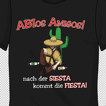 Schwarzes T-Shirt mit einem Design eines Kaktus in Sombrero, der Bier trinkt, umgeben von leeren Flaschen. Text: "AB!OS AMIGOS! nach der SIESTA kommt die FIESTA!"