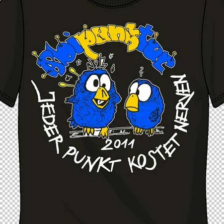 T_shirt_mit_blauen_Voegeln_und_Schriftzug Abipunktur, jeder Punkt kostet nerven design