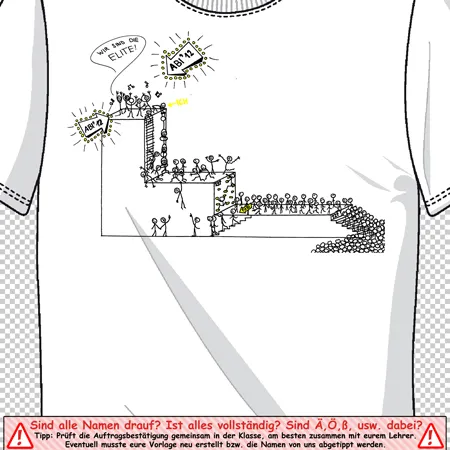 Schwarz-Weiß gezeichnetes Klassenfoto auf T-Shirt. Motiv illustrativ mit französischen Symbolen wie Eiffelturm.