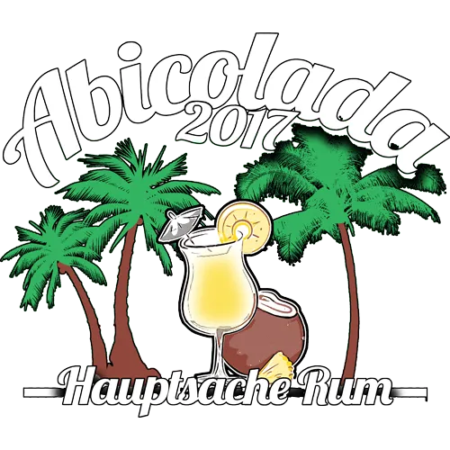 Grafisches Logo mit der Aufschrift 'Abicolada 2017', einem Cocktailglas, Palmen und dem Spruch 'Hauptsache Rum'.