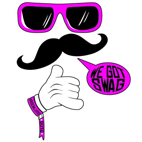 Grafik mit rosa Sonnenbrille, Schnurrbart und Hand, die "We Got Swag" Sprechblase hält.