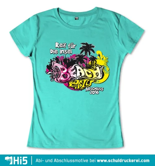 Grafik mit Text "Reif für die Insel" und "ABI PARTY Abschluss 2016", Palmen und Sonne.