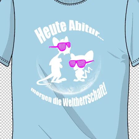 Blaues T-Shirt mit Cartoon-Mäusen in Sonnenbrillen und Text "Heute Abitur... morgen die Weltherrschaft!"