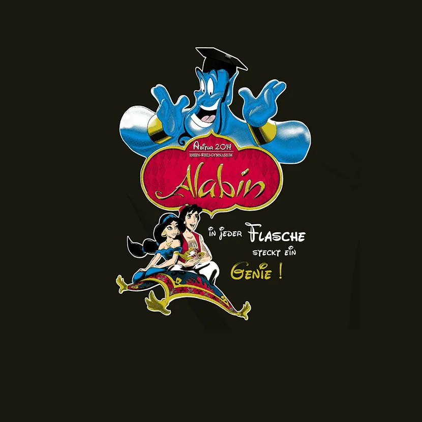 Illustration von Aladin und Jasmin auf einem fliegenden Teppich, darüber das blaue Genie, auf schwarzem Hintergrund.