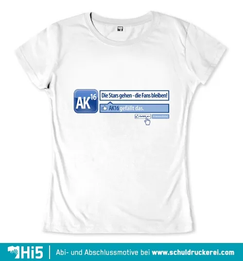Design eines T-Shirts mit Aufschrift 'Die Stars gehen - die Fans bleiben!' und Social Media-Like-Symbol.
