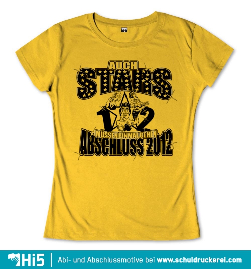 Gelbes T-Shirt-Design mit Text "Auch Stars müssen einmal gehen Abschluss 2012" und Illustrationen von Comicfiguren.
