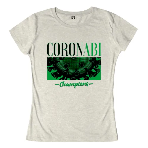 Design mit Aufschrift 'CORONABI - Champions', umringt von Virensymbolen auf grünem Banner.