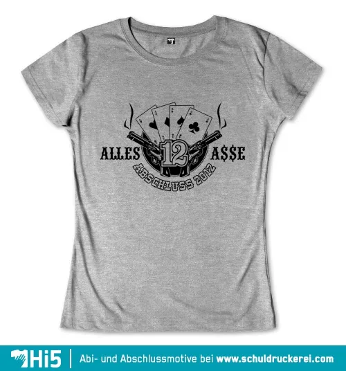 Graues T-Shirt mit Schwarzdruck, Spielkarten, zwei Totenköpfen, "Alles 12 Asse" und "Abschluss 2012".